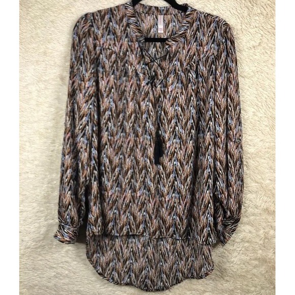 Boho Fall Womens Blouse Brown Blue Chevron Long Sleeve Hi-Low Tassel Tie M - Picture 1 of 10